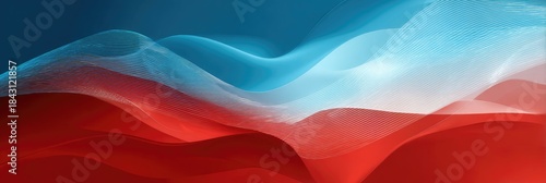 Abstract waves in red, white, and blue hues. The flowing forms evoke motion, creating a gradient effect