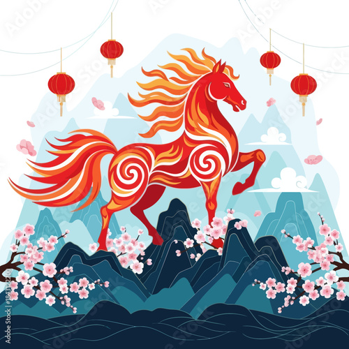 Chinese new year design with horse, lanterns, mountains, and cherry blossom trees.