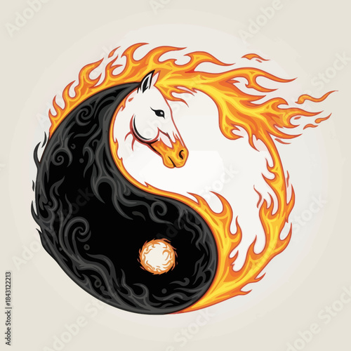 Yin yang symbol with horse head and flame. Harmony and balance, vector illustration.