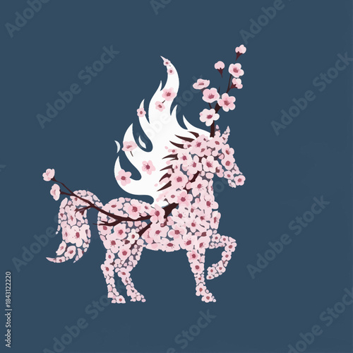 Elegant unicorn silhouette adorned with delicate pink cherry blossoms on blue background.
