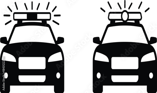 Police car silhouette vector illustration showing two patrol vehicles with emergency sirens and flashing lights, perfect for law enforcement design artwork.
