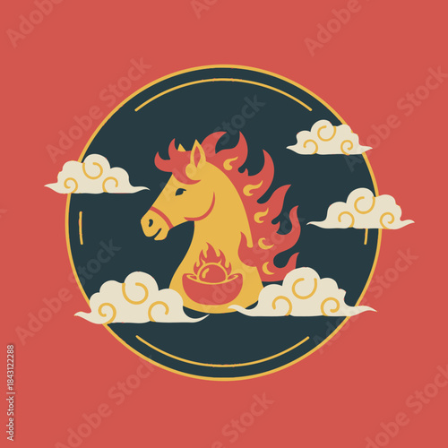 Chinese new year of the horse illustration with clouds, fire mane and golden nugget.