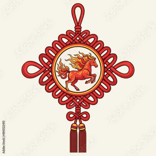 Red chinese knot with horse zodiac sign, lucky charm for chinese new year celebration.