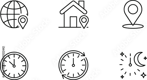 A clean set of six minimalist line-art vector icons representing global and local location pins, home address, time of day, 24-hour cycle, and clock symbols for websites and mobile applications.