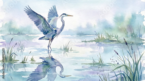 Heron takes flight from serene watercolor wetland.