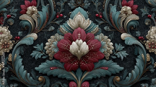 Wallpaper Mural Seamless luxury pattern with baroque and rococo ornaments in turquoise, silver, pearl, black and subtle crimson, featuring intricate symmetrical floral motifs and glossy texture for premium branding. Torontodigital.ca