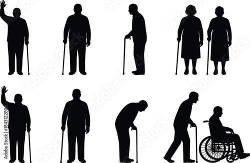 Elderly people silhouette set, senior men and women with walking canes and wheelchair, healthcare aging vector illustration, isolated on white background