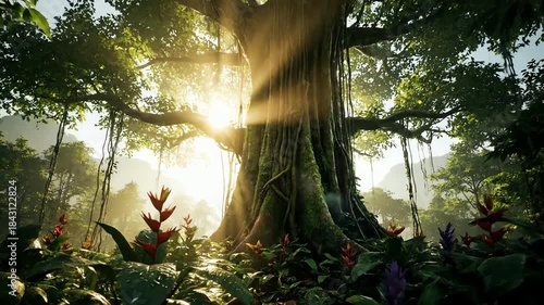 Majestic Ancient Tree in a Lush Rainforest with Golden Sunbeams and God Rays
