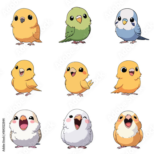 Set Icon of Budgerigar kawaii minimal flat