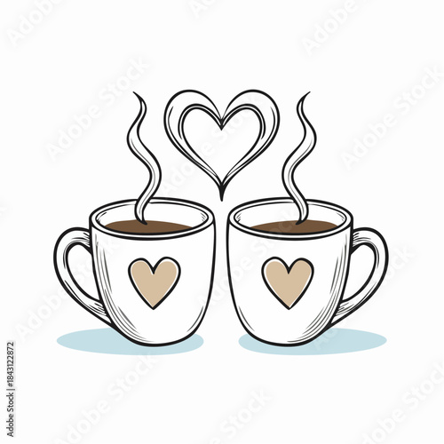 Warm cute hand drawn mugs with rising steam merging into a heart ideal for love themed sets