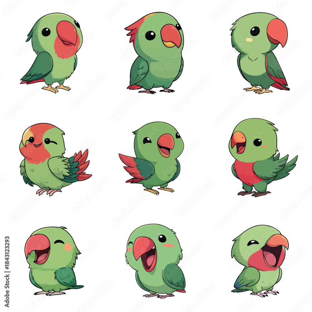 Fototapeta premium Set Icon of Eclectus parrot kawaii minimal flat