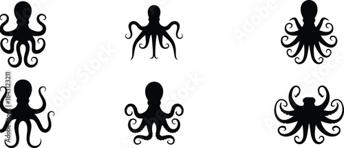 Set of octopus silhouette vector illustrations isolated on white background, marine sea creature collection, underwater wildlife graphic design icons.
