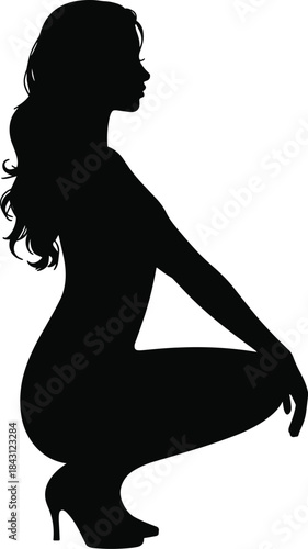 Side profile female silhouette squatting in high heels with wavy hair for fashion, posture, beauty, vector art, and design use.