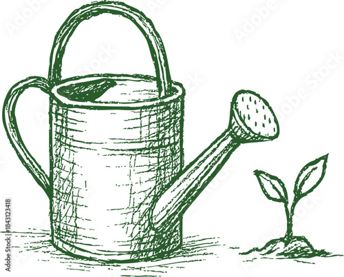 Watering can with sprouting seedling