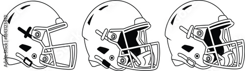 Side view of three American football helmets with different faceguard designs showing evolution of protective sports gear in vector style