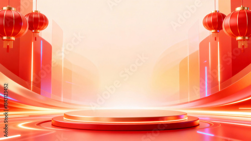 3D render of a vibrant red stage with glowing lanterns, ideal for festive celebration, new year events, or cultural ceremonies. Modern, abstract design with gradient light effects.