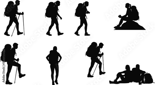 Hiking people silhouette collection, backpacker men trekking walking resting poses, outdoor adventure travel vector illustration set isolated on white background