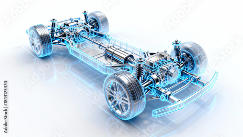 3D rendered transparent view of a car chassis showing key components like wheels, suspension, transmission, and engine. Illustrates automotive engineering and design for transportation technology.