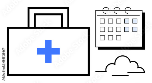 Medical kit with cross, calendar with highlighted dates, and cloud outline. Ideal for health management, scheduling, healthcare, emergency planning, telemedicine wellness future preparation. Clean