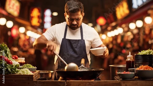 Skilled Asian chef expertly cooking stir-fry in a wok at bustling night market