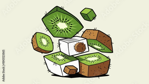 Creative Cubes of Fresh Kiwi Fruit Slices and Whole Fruit.