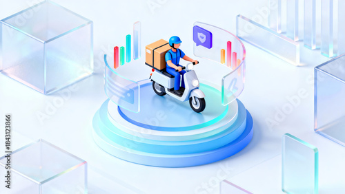 3D illustration of a delivery person on a scooter with package, surrounded by digital analytics graphs and icons, representing modern logistics and e-commerce technology.