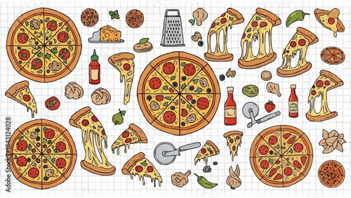 Delicious Pizza Collection Various Slices and Whole Pies.