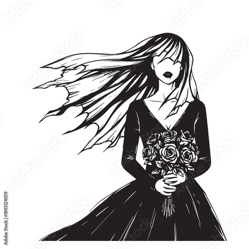 Fashion Woman Shopping Vector Illustration: Stylish Model in Black Trench Coat