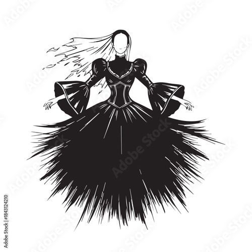 Fashion Woman Shopping in Long Coat Holding Bags, Black and White Vector Illustration