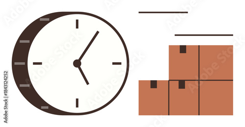 Clock and stacked boxes emphasize efficiency, planning, delivery, and shipment coordination. Ideal for logistics, time management, productivity, business, deadlines workflows simple flat metaphor