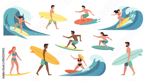 Diverse Surfers Riding Waves Summer Beach Sport Collection