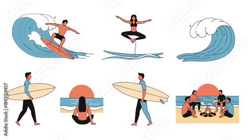 Vibrant Beach Scenes Surfing Yoga Campfire Ocean Waves Summer Lifestyle Vector Illustrations