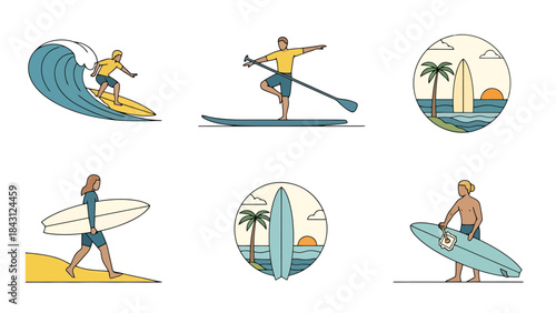 Summer Beach Sports Collection Surfing Paddleboarding Ocean Activities Icon Set
