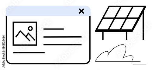 Renewable energy, digital interface, technology advancement, communication, sustainable solutions, eco-friendly design. Computer screen window and solar panel icon with cloud elements. Renewable