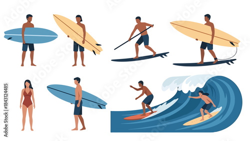 Diverse Surfers Enjoying Ocean Waves with Surfboards Collection