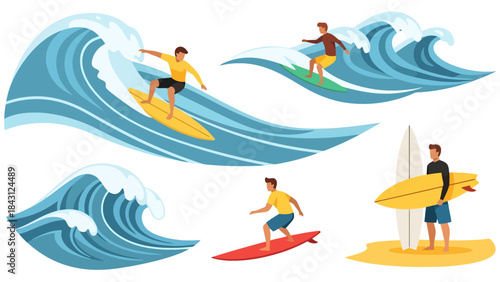 Dynamic Surfing Action Vector Illustrations Men Riding Ocean Waves for Sports and Leisure
