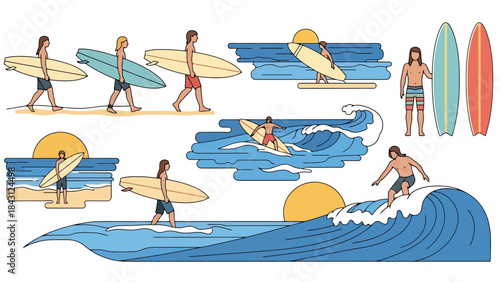 Surfing Water Sports Action Vector Illustrations Diverse Scenes of Ocean Waves and Surfers