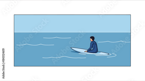 Person in wetsuit sits on surfboard in calm blue ocean waiting for waves