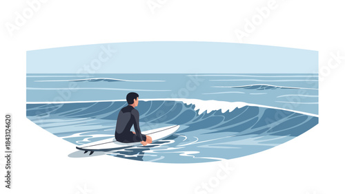 Surfer Waiting Patiently for a Perfect Wave on a Calm Ocean Day Serene Watersport Adventure