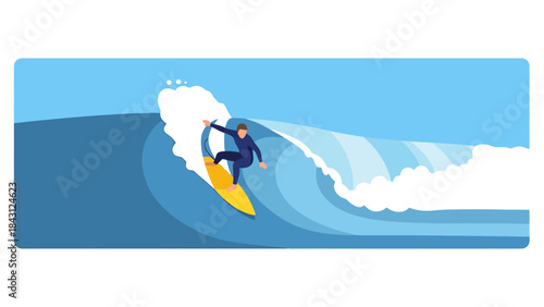 Surfer Riding a Massive Wave in a Blue Ocean Extreme Water Sports Illustration