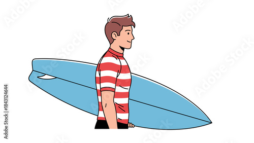 Surfer Man Holding Blue Surfboard Ready for Ocean Waves Lifestyle