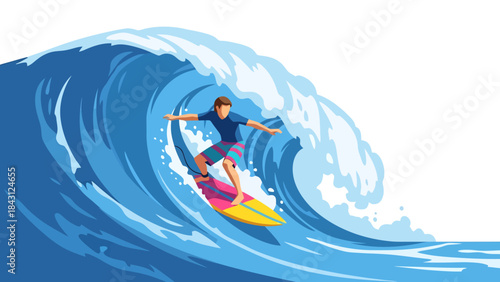 Dynamic Surfer Riding a Barrel Wave Ocean Sports Action Illustration