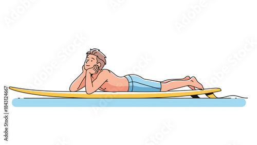 Surfer Relaxing on Surfboard in Ocean Water Summer Vacation Lifestyle