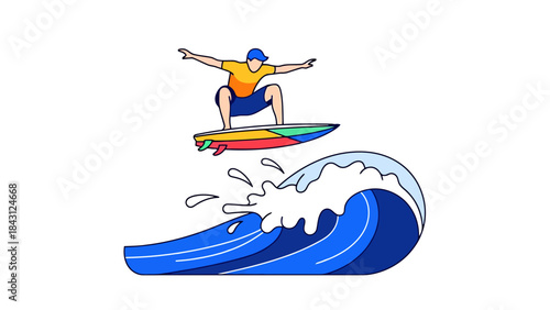 Young Man Surfing and Jumping on a Wave Extreme Water Sport Activity Summer Recreation