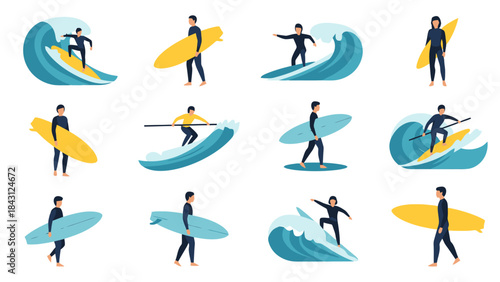 Surfing Action Diverse Poses of Athletes Riding Waves and Holding Boards