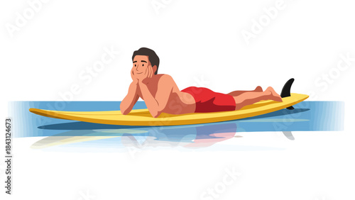 Man Relaxing on Surfboard in Ocean Waiting for Waves