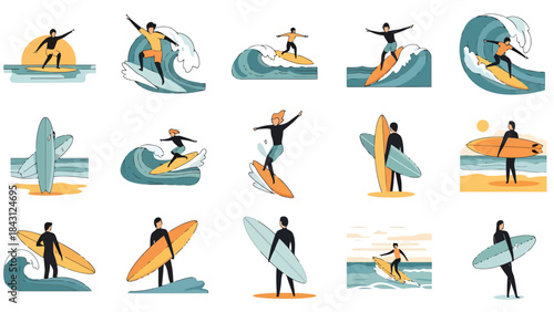 Dynamic Surfing Sports Collection Action Water Sports and Beach Lifestyle Illustrations
