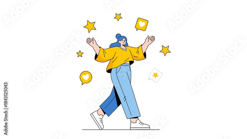 Illustration of a woman with open arms surrounded by stars and like symbols in minimal design
