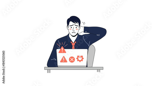 Illustration of a businessman stressed and frustrated with computer problems on white background