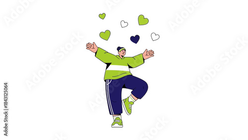 Illustration of a person catching hearts, feeling happy and joyful, vector style.